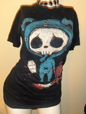 Black Tee with Blue & White Skull Character Graphic